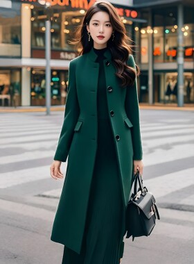 秋冬墨绿修身显瘦新中式呢外套女