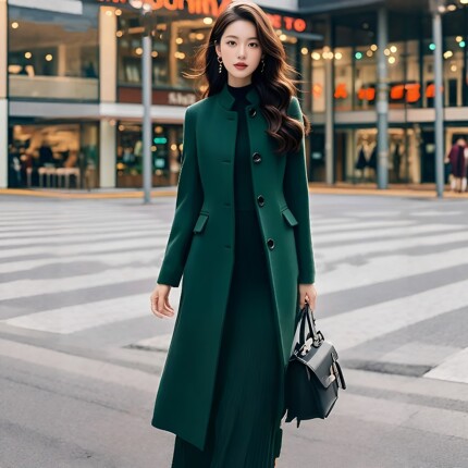 秋冬新款墨绿色修身显瘦新中式毛呢外套女中长款时尚减龄呢子外套