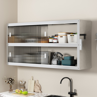 厨房壁挂置物架不锈钢壁挂式上墙收纳推拉门碗筷调料厨具置物柜子