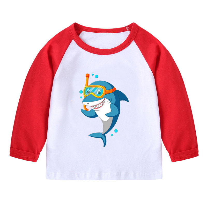男童长袖T恤女儿童装纯棉打底上衣宝宝动物大鲨鱼图案小童春秋装