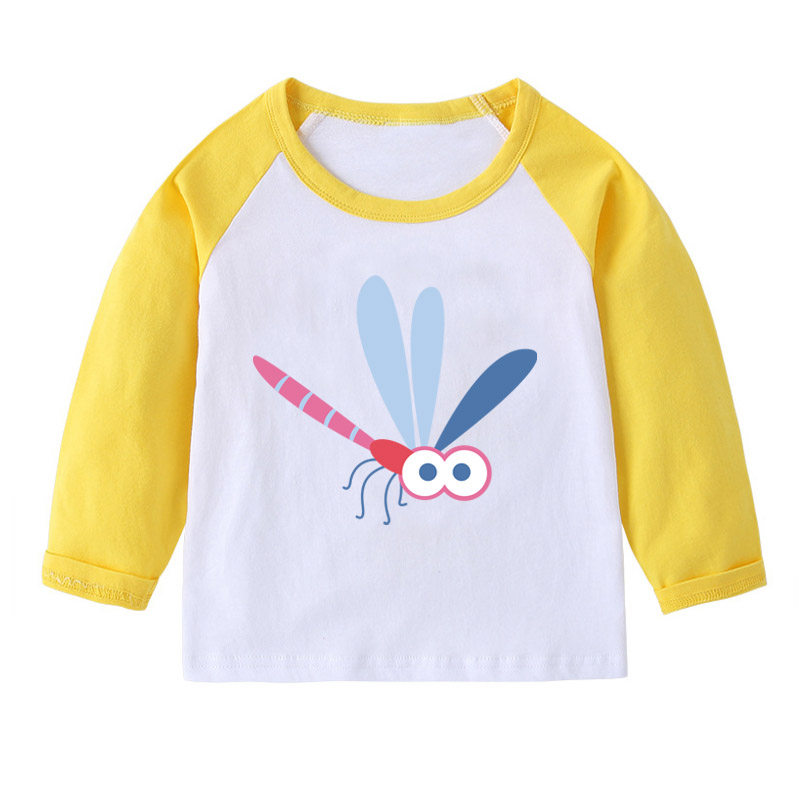 蜻蜓男童装蓝色长袖女孩红色T恤宝宝黄色上衣黑白拼接袖纯棉
