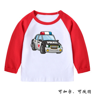 小汽车警车图案儿童装长袖T恤男孩纯棉青少年上衣服幼儿园亲子装3