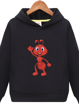 蚂蚁图案连帽加绒衫黄色卫衣服装男童大红色桔红女孩子外套头儿童