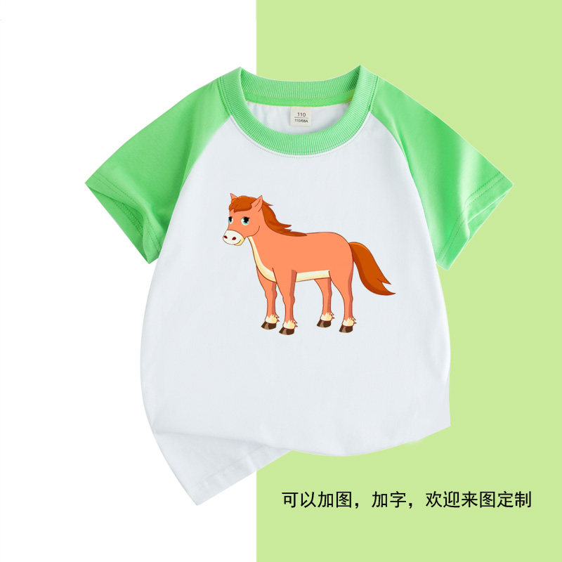 童装儿童纯棉T恤男女童拼接袖小马儿短袖上衣宝宝圆领半袖体恤衫9