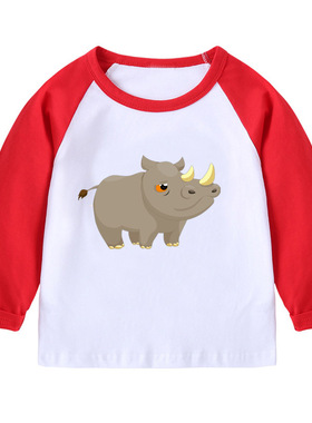 犀牛男童装蓝色长袖女孩红色T恤宝宝黄色上衣黑白拼接袖纯棉