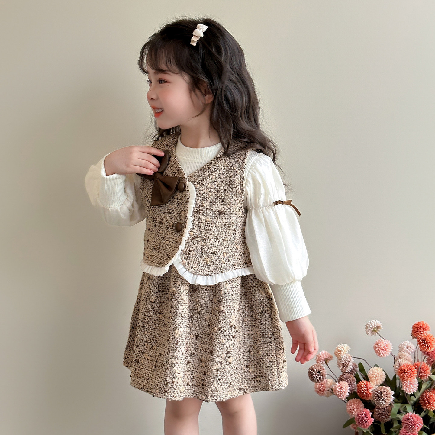 女童春秋套装女宝可爱卡通小香风马甲长袖连衣裙两件套小女孩秋装
