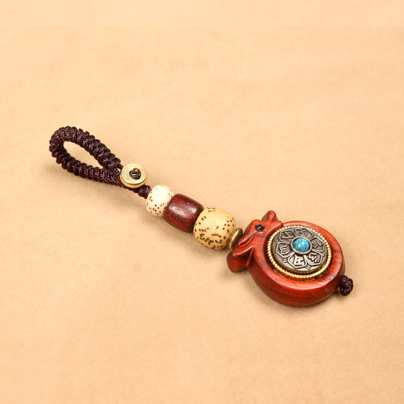 檀木福龙钥匙扣能转动六字真言挂件手编绳车挂件抽象属相本命