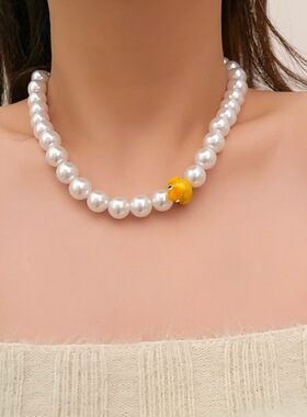 2022韩国东大门时尚新款串珠小黄鸭珍珠项链高亮叠搭锁骨链颈链潮