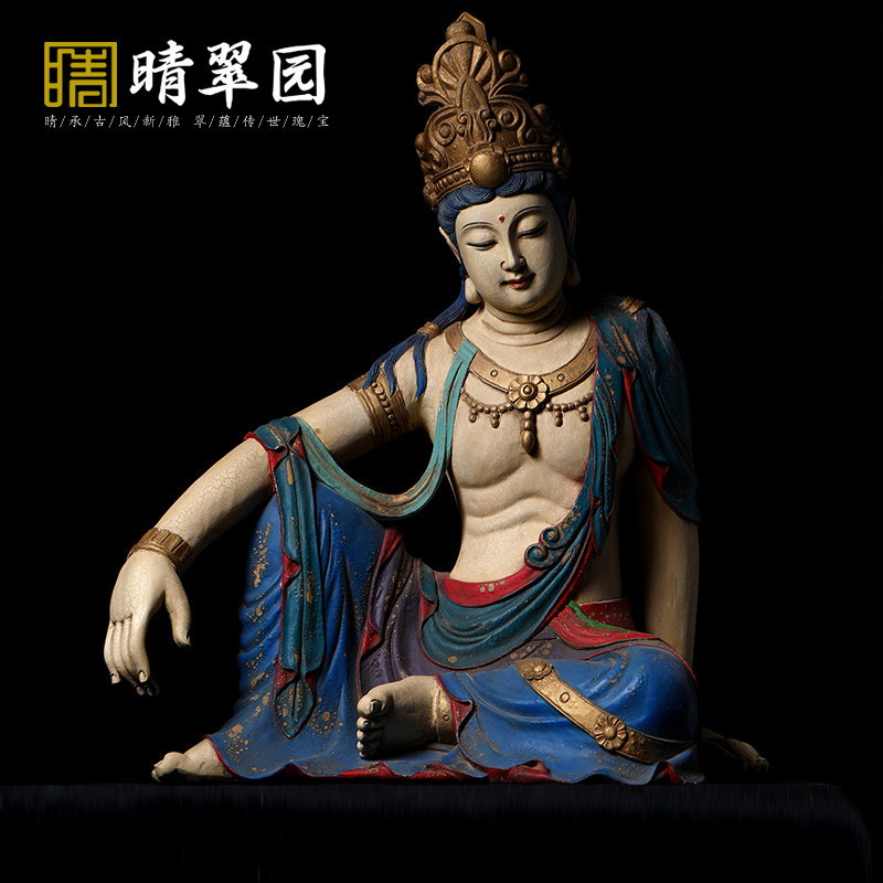 香樟木唐代观音彩绘佛像摆件家居供奉观世音菩萨实木雕刻摆件