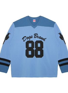 DBD WH 88号蓝色拼接足球服街头风格宽松长袖上衣V领全棉T恤