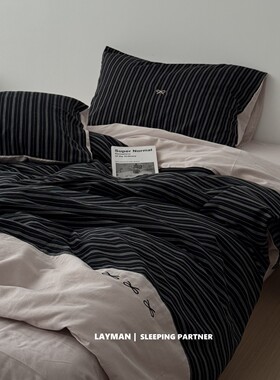 Layman外行 ins韩国博主条纹拼接纯棉双层纱四件套全棉蝴蝶结刺绣