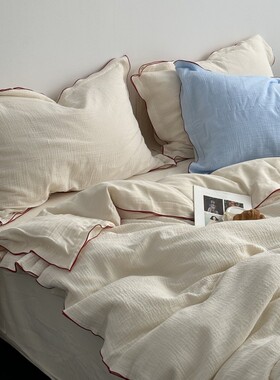 Layman外行 纯色简约密拷全棉双层皱皱纱四件套ins裸睡超柔透气