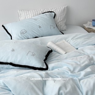 Layman外行 【小新画画】秋冬加厚保暖卡通刺绣牛奶绒四件套双面