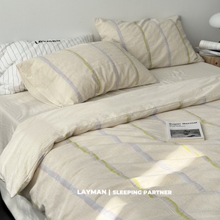 Layman外行 条纹色织棉麻四件套纯棉柔软透气床单被套床上用品