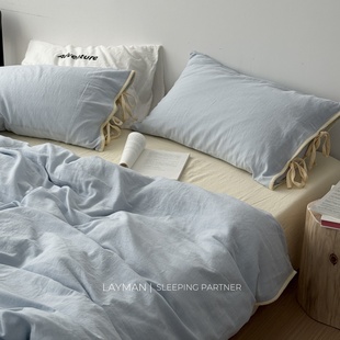 Layman外行 ins纯色简约绑带全棉双层纱四件套超柔裸睡床单被套