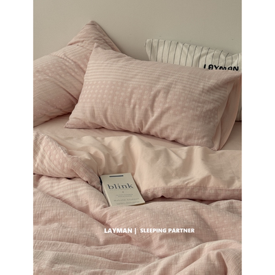 Layman外行 粉色少女波点条纹混搭色织全棉双层纱四件套透气柔软