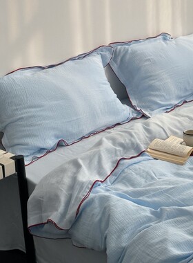 谁懂呀！blue纯色小众全棉双层皱皱纱四件套纯棉裸睡纱布床单被套