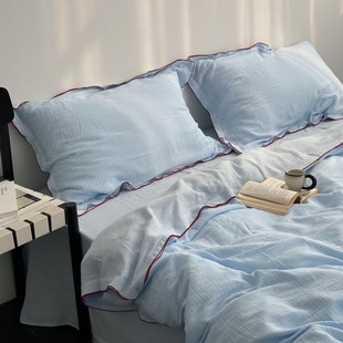 谁懂呀！blue纯色小众全棉双层皱皱纱四件套纯棉裸睡纱布床单被套