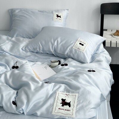 Layman外行 夏季樱桃刺绣60s天丝四件套丝滑凉感莱赛尔床单被套