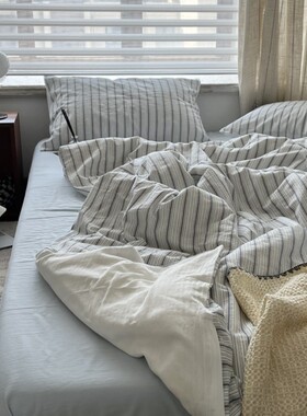 【海街日记】韩系小众蓝色立体肌理条纹小清新纯棉床上四件套