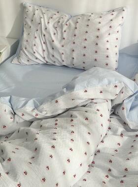 ins韩国博主风蓝色樱桃纯棉提花四件套全棉100小众个性床单被套