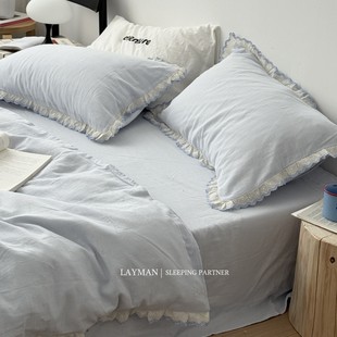 Layman 外行 A类纯棉双层纱四件套全棉超柔透气刺绣花边床单被套