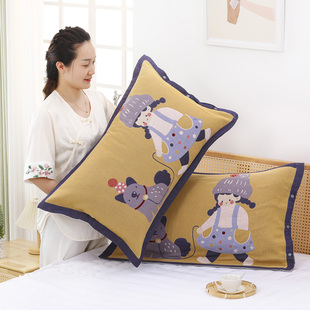 按扣纯棉纱布枕套男孩女孩人物卡通家庭一对装成人加大加厚枕头套
