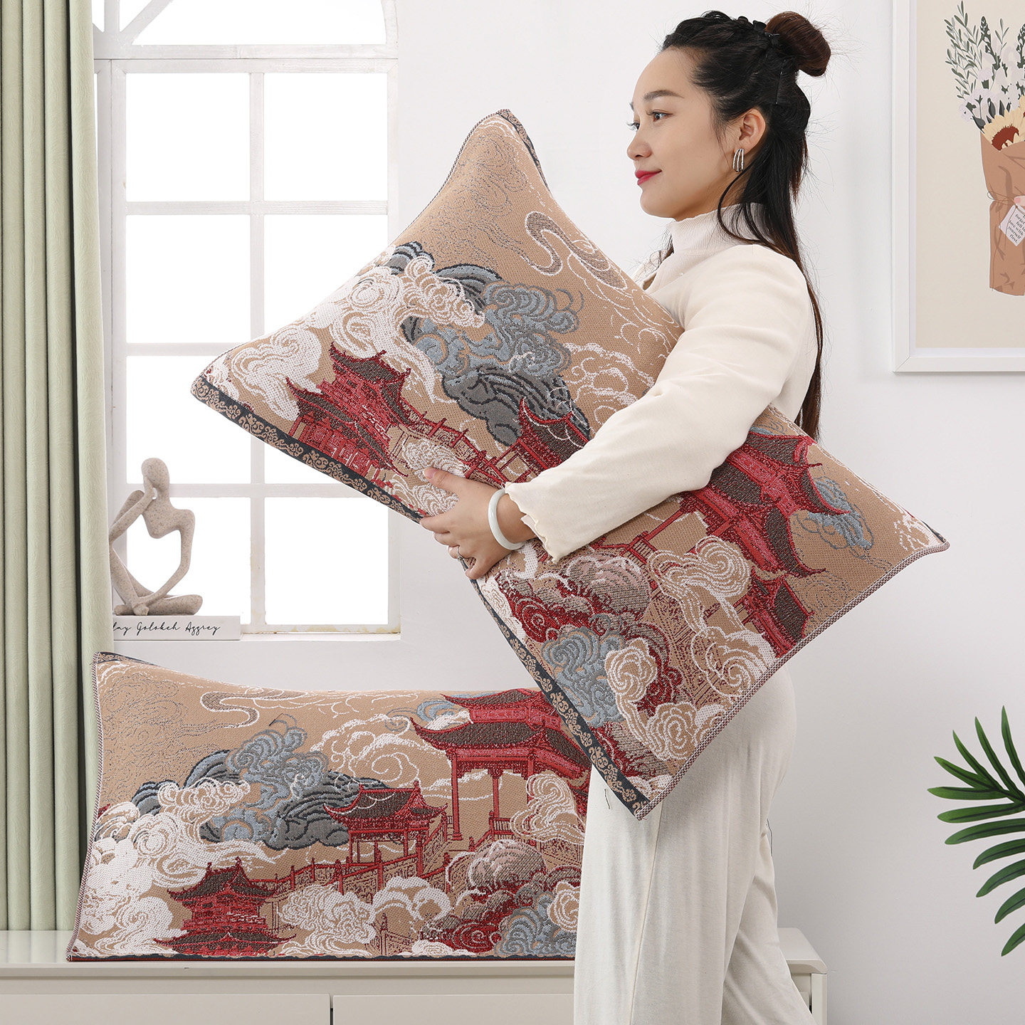 中国风纯棉纱布枕巾中式双面提花全棉枕巾舒适结婚透气枕头垫盖巾