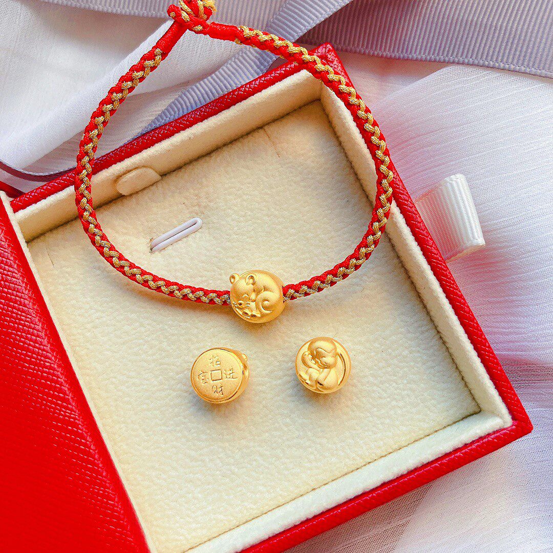 黄金足金招财进宝手链12 生肖串珠转运珠福牛吊坠萌猪项链宝宝