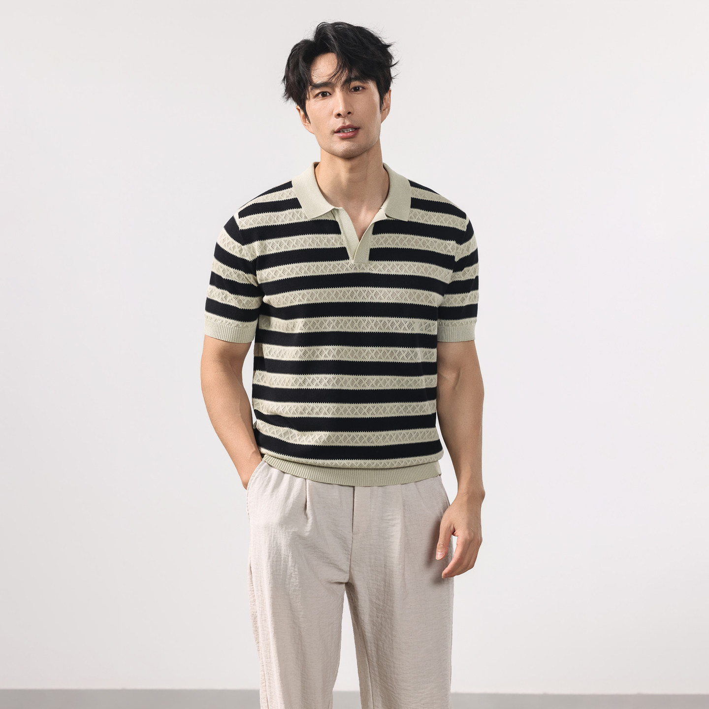 Gentleness镂空老钱风针织polo衫条纹夏短袖意式人夫感T恤上衣男