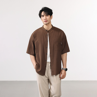 Gentleness立领老钱风亚麻衬衫夏季薄款透气开衫短袖浅咖极简