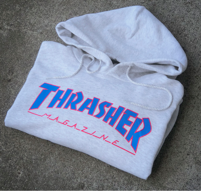 正品thrasher outlined 火焰帽衫雪花灰红蓝字连帽卫衣