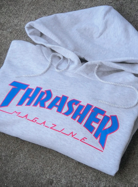 独家现货！正品Thrasher Outlined 火焰帽衫雪花灰红蓝字连帽卫衣
