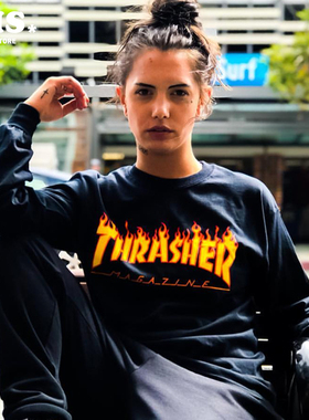 正品现货 Thrasher 火焰长袖字母LOGO 情侣美潮牌嘻哈宽松薄上衣