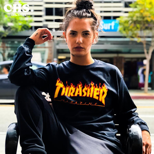 字母LOGO 正品 火焰长袖 Thrasher 情侣美潮牌嘻哈宽松薄上衣 现货