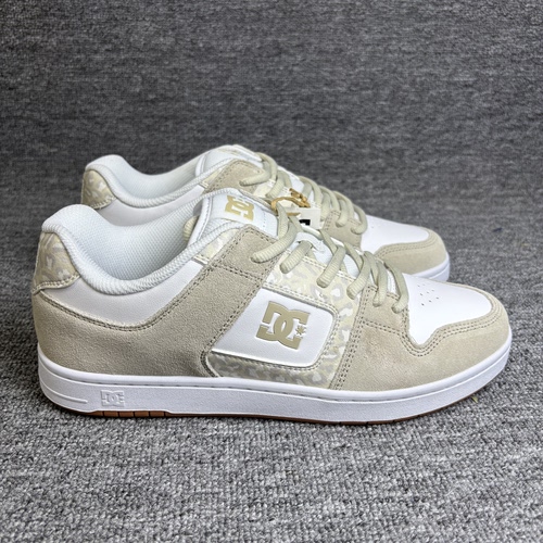 DC Shoes米白豹纹低帮滑板鞋 翻毛皮拼接耐磨运动牛皮休闲板鞋