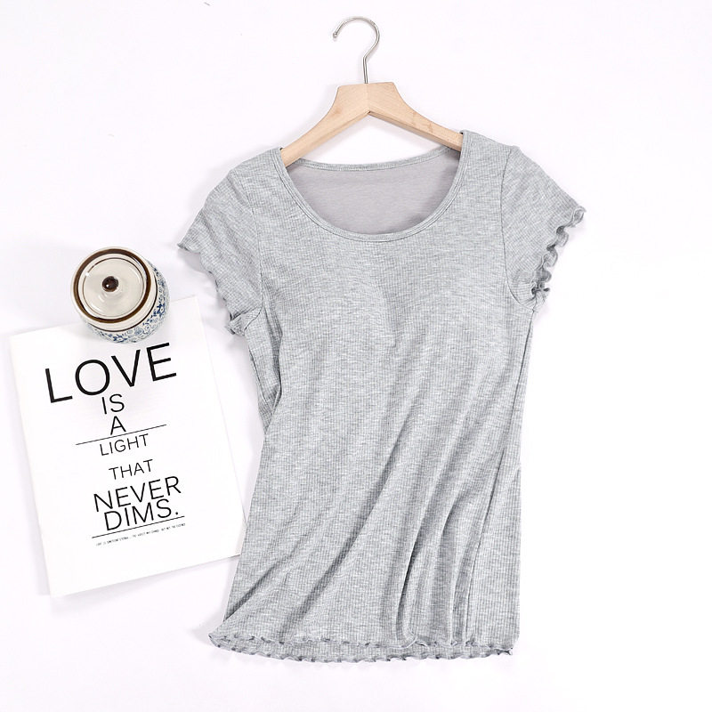 THREADED MODAL CHEST PAD SHORT SLEEVE T-SHIRT WOMENS SUMMER BRA FREE PAJAMAS RUFFLES PAJAMAS LOUNGEWEAR CAN BE WORN OUTSIDE