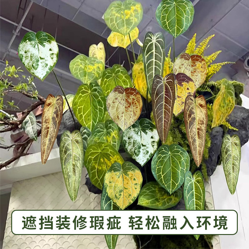 蔓绿绒火鹤王仿真绿植物室内装饰水晶花烛网红彩色叶悬挂墙面造景