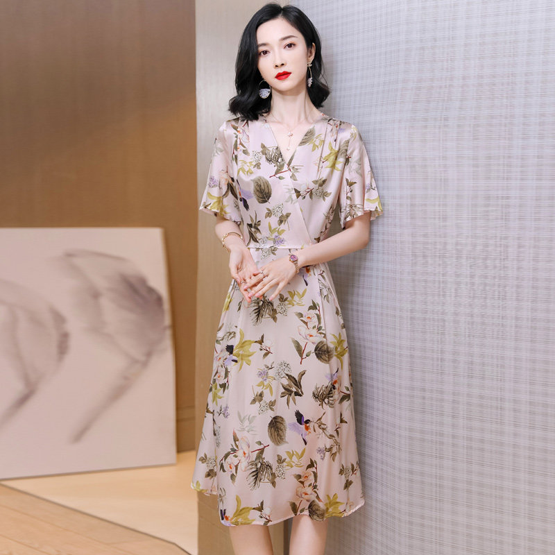 真丝桑蚕丝连衣裙夏季新款法式印花宽松中长款气质短袖小个子裙子