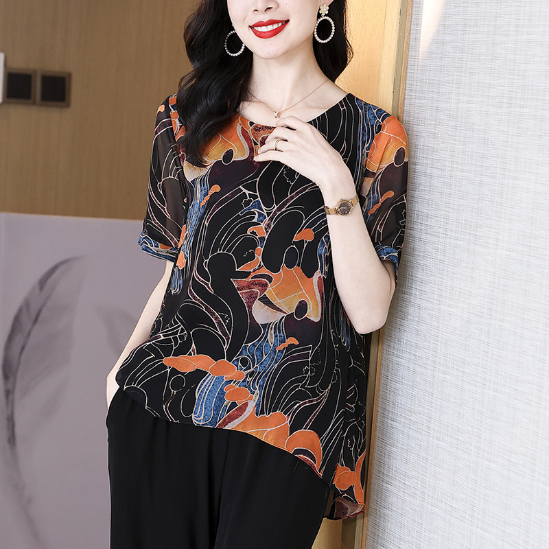 意冉高端真丝乔其t恤女桑蚕丝短袖高级感中老年不规则打底衫上衣