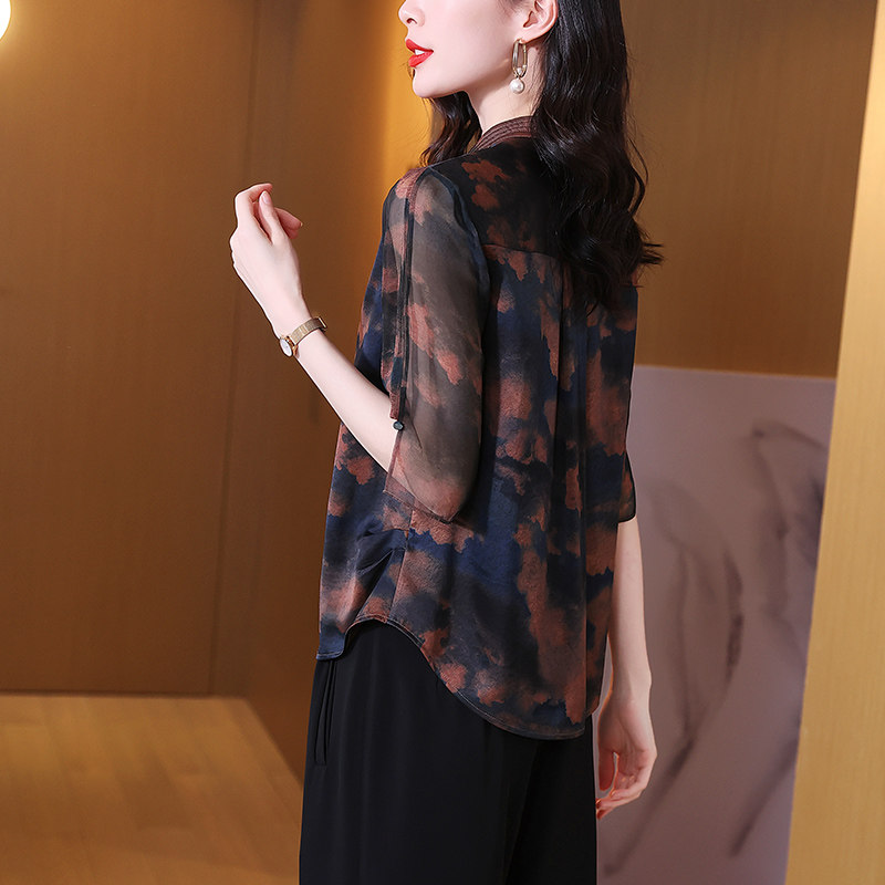 意冉真丝香云纱上衣女立领重磅桑蚕丝印花半袖国风小衫宽松短袖女