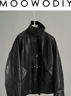 复古中性风黑色立领翻领廓形春秋冬季山羊皮阿拉善驼绒夹克外套