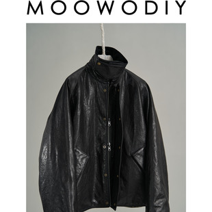 复古中性风黑色立领翻领廓形春秋冬季山羊皮阿拉善驼绒夹克外套