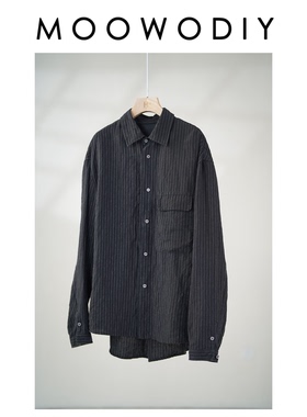 100%黑色亚麻中性风男女通穿复古黑色条纹衬衫