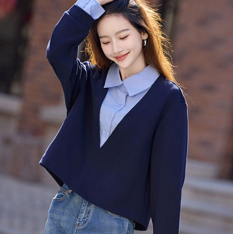女士拼接百搭设计感假两件衬衣领
