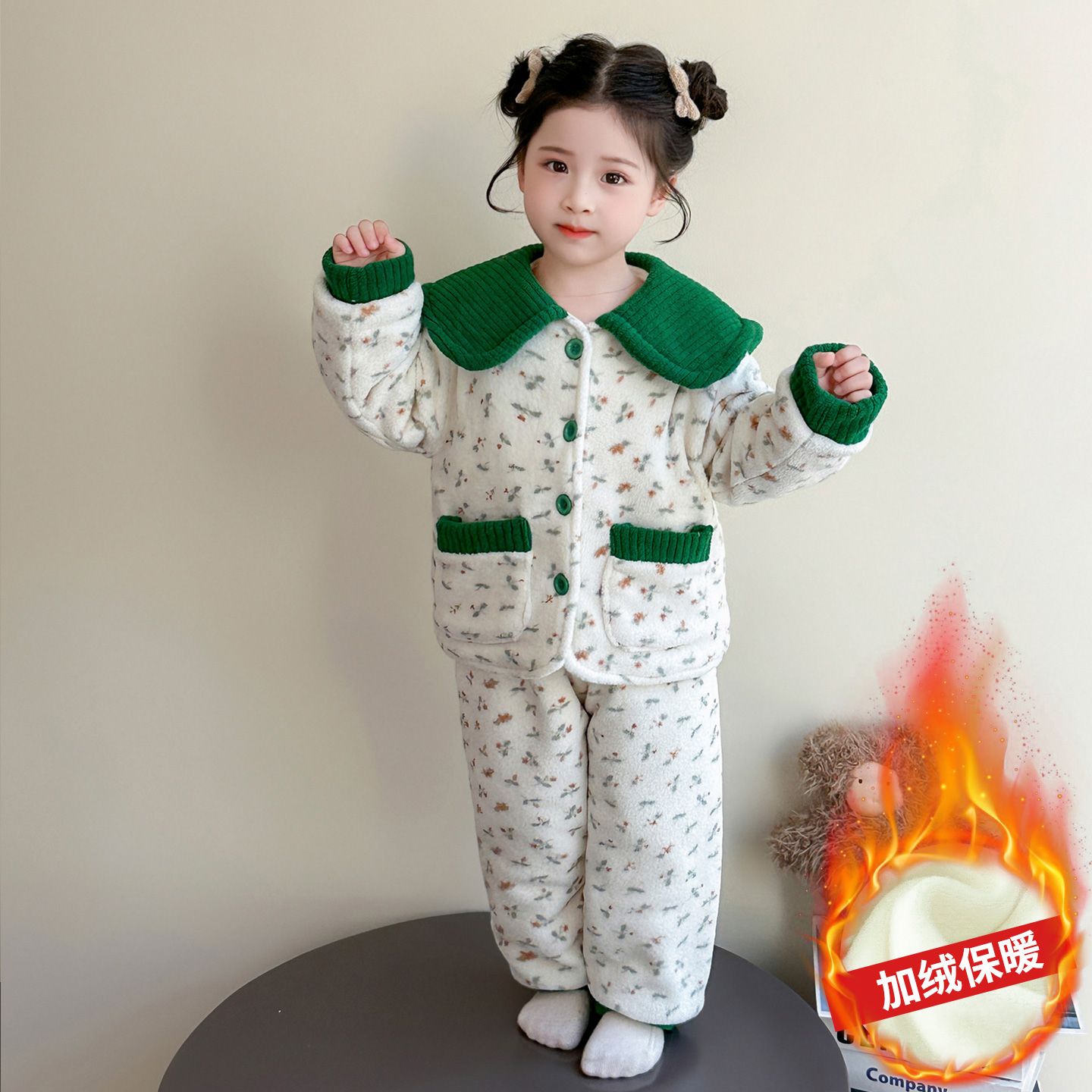 冬季加绒小花三层夹棉娃娃领棉衣