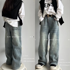 年货新品2023冬男童羊驼绒加厚牛仔筒裤女童浅色牛仔阔腿裤中大童