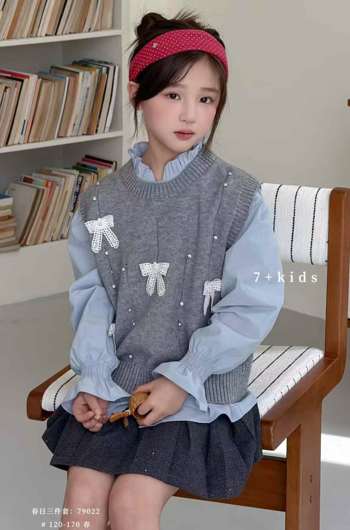 清仓7+kids女童蝴蝶结针织马甲3件套26秋冬新品中大童学院风套装
