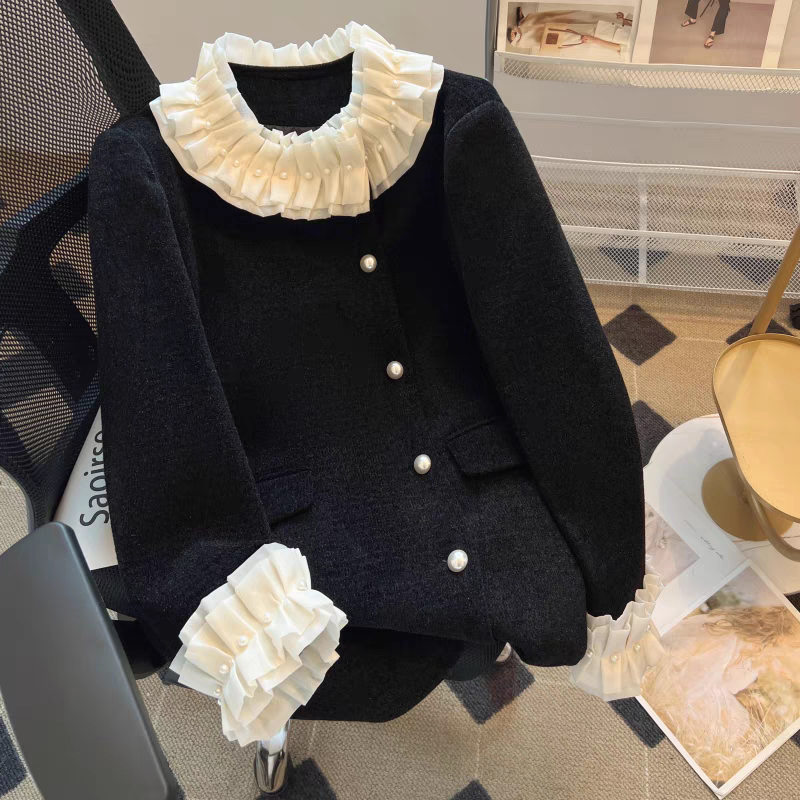 羽绒服内胆女童冬珍珠花边立领中长款丝绒外套法式名媛白鸭绒大衣