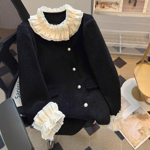 羽绒服内胆女童冬珍珠花边立领中长款丝绒外套法式名媛白鸭绒大衣